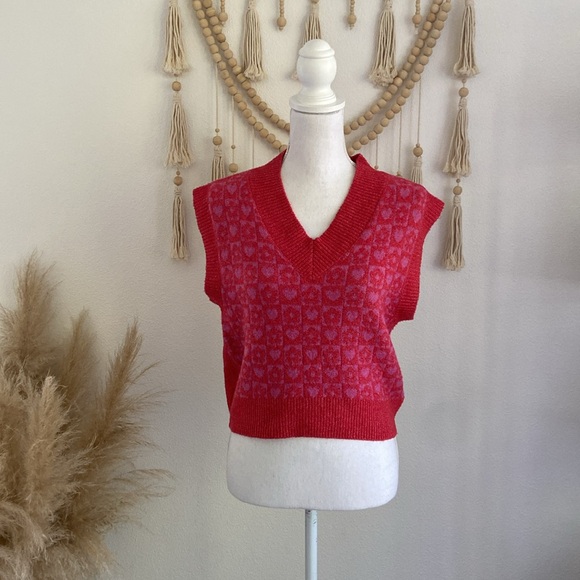Nordstrom sweater tank top knit vest red pink heart checkerboard spring Y2K xs - Picture 6 of 16